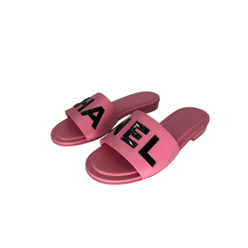 Chanel Calfskin Patent Calfskin Logo Slide Mules Pink Women's Size 37 NWOB